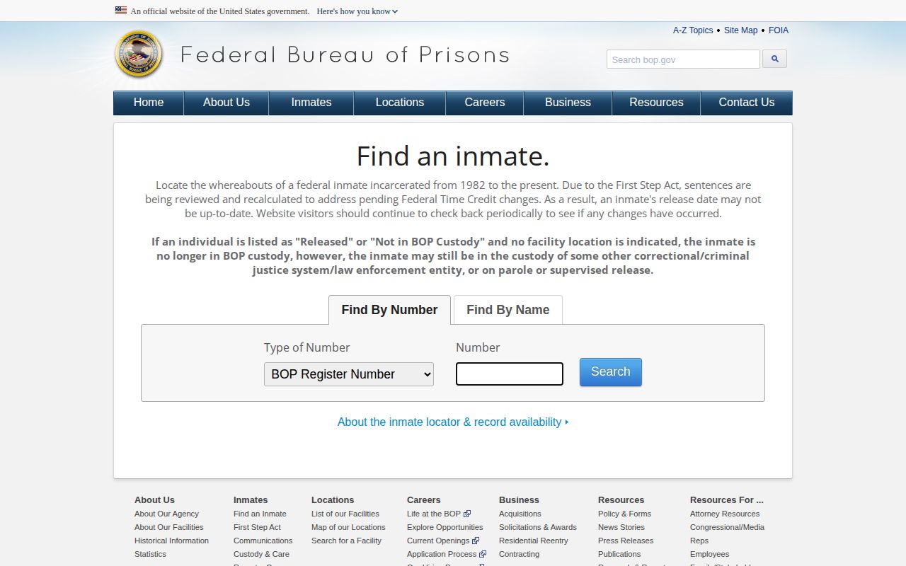 Federal BOP locator for a Freeborn County inmate release check