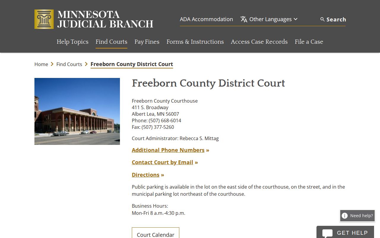 Freeborn County District Court contact for released inmate court records