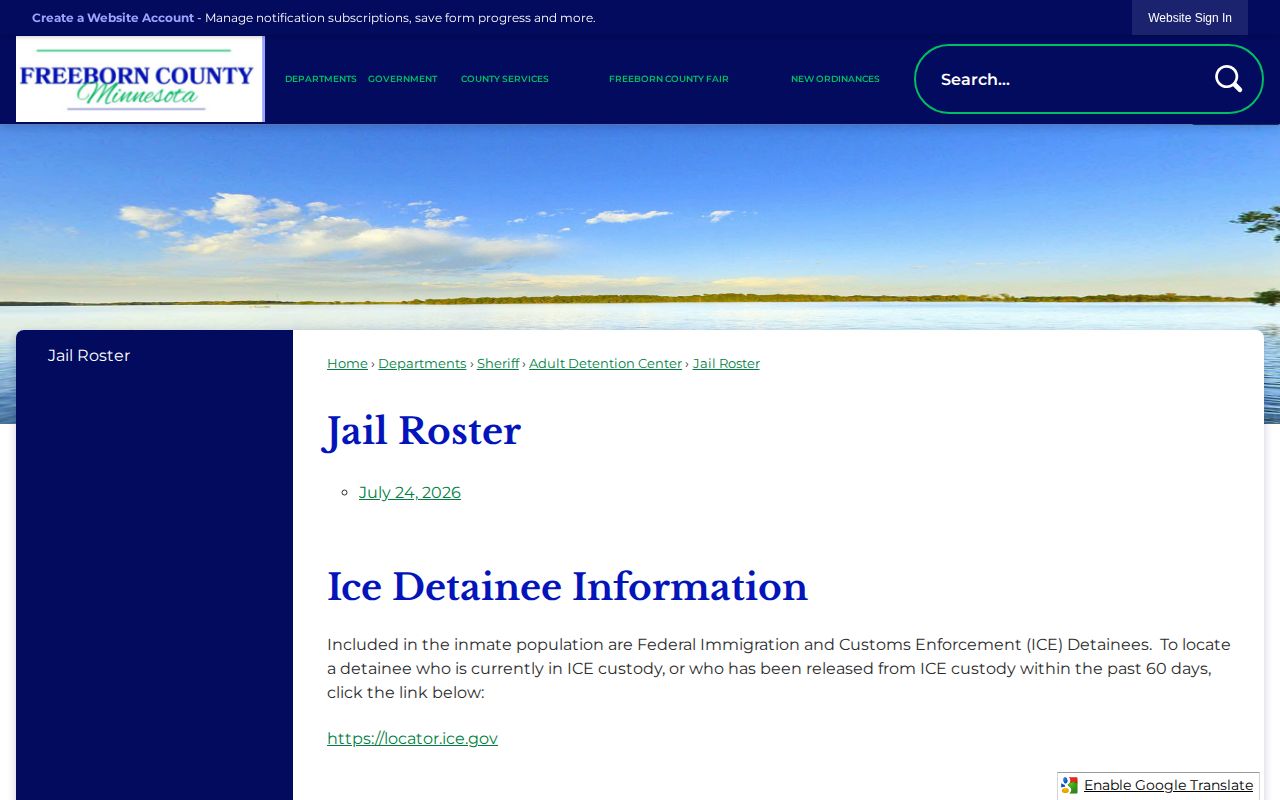 Freeborn County jail roster used before a released inmate records search